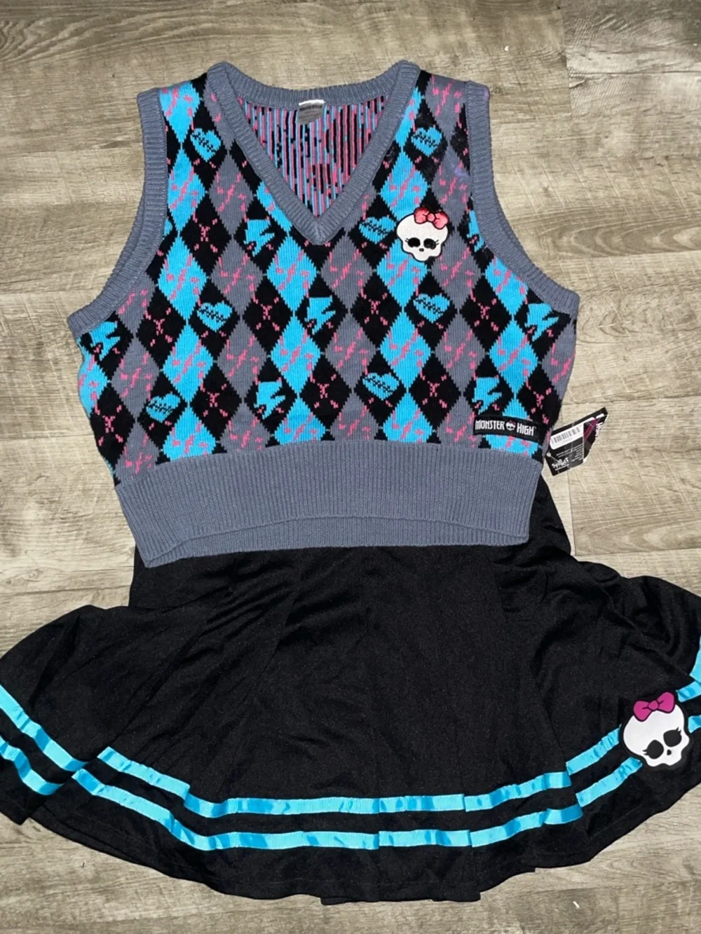 monster high Black, Blue & Purple Argyle Crop Vest and Skirt Set